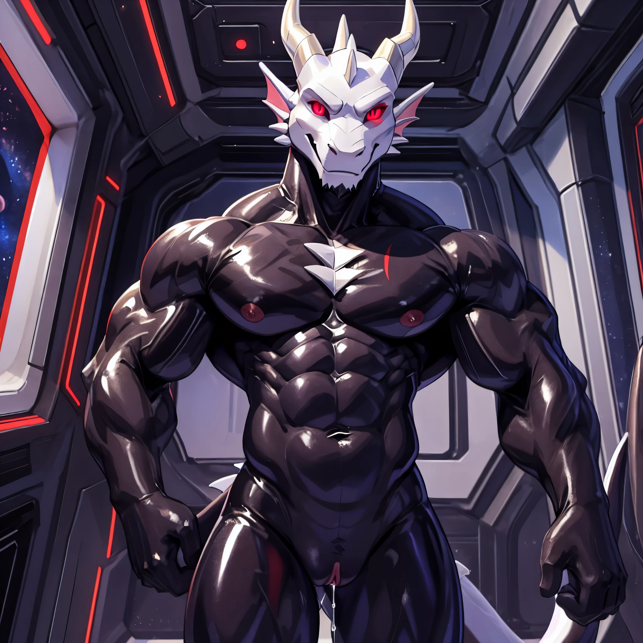 (((best quality))), (((highest quality))), ((masterpiece)), (detailed), (((male dragon))), (((standing in spaceship))), (looking at the viewer), (((perfect face))), (((symmetrical slim hips))), ((((small waist)))), (((glowing red eyes))), (((nipples))), (((((perfect eyes))))), (((proper hand proportions))), detailed fingers, ((perfect mouth)), (((five fingers))), thumbs, (((very bulky muscles))), (((broad shoulders))), (((Hip Bones))), (((very large pecs))), (((Ribs))), (((silver horns))), (((perfect eyes))), (inside), ((reflective metal horns)), (((stars))), (((big window))), (((genital slit))), (((dripping pussy))), (((dark red markings))), (((smile))), (((anthro dragon))), (((hyper-realistic digital painting style))), (((Primarily white scales))), (((furless))), (space), (((latex on chest and pussy))), (((full latex bodysuit))), (((full latex bodysuit))), (((full latex bodysuit))), (((half-body portrait))),