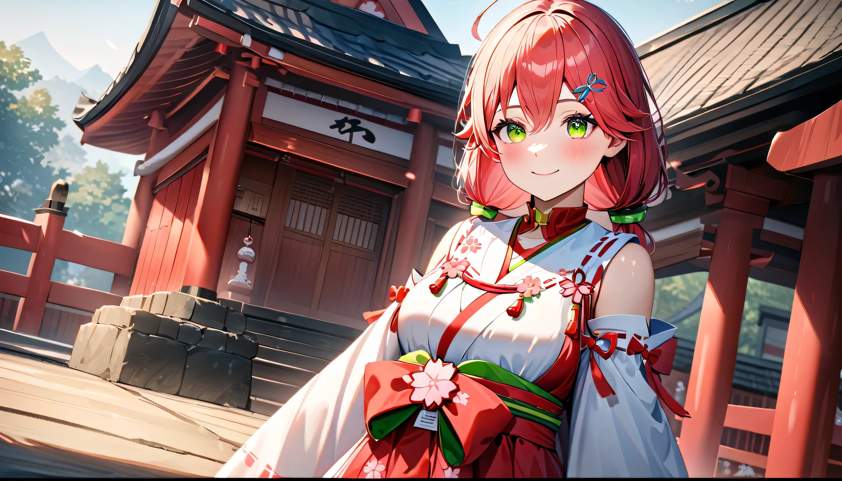 (Super detailed, ultra hd, 8k, best quality, masterpiece, super realistic, realistic light) girl, Shrine maiden, sakura miko, pink eye, detailed eye, perfect face, standing, smiling, sweeping (day, shrine, smile environment, sakura rain)