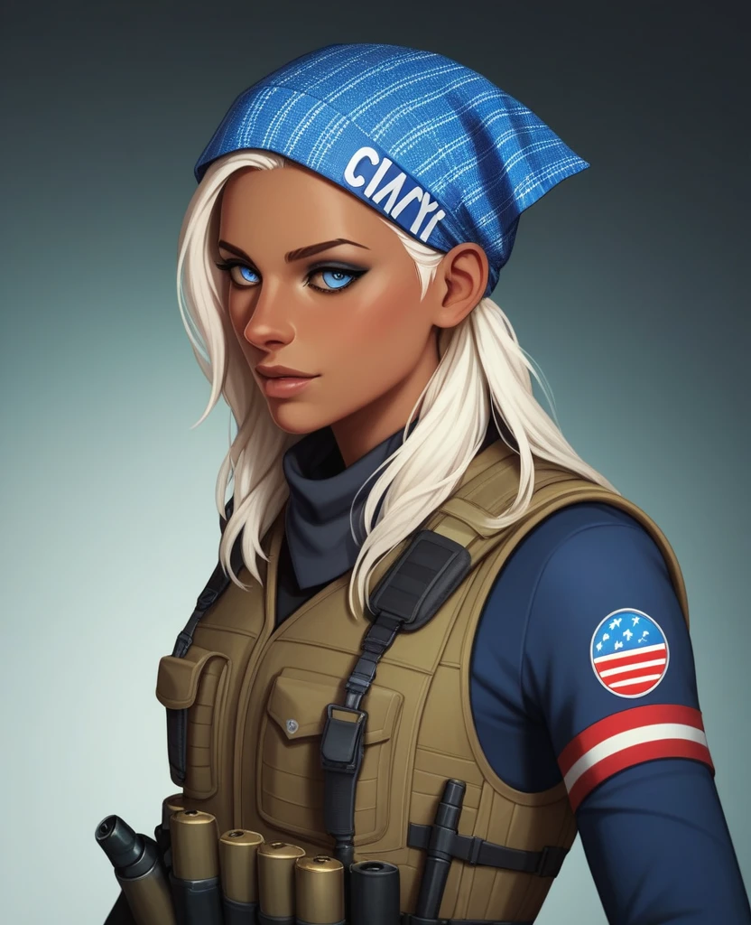 ((best quality)), ((masterpiece)), (detailed), 1girl, mixed race girl, African American + Caucasian girl with lighter skin, young woman, pretty, skinny, white hair, modern attire, modest, head scarf, long hair, hair tied in the back, bullet proof vest, tactical gear, civillian in kevlar vest, looks like the character “Frost” from the “Rainbow Six Siege” game