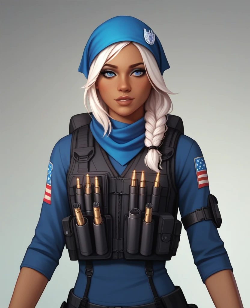 ((best quality)), ((masterpiece)), (detailed), 1girl, mixed race girl, African American + Caucasian girl with lighter skin, young woman, pretty, skinny, white hair, modern attire, modest, head scarf, long hair, hair tied in the back, bullet proof vest, tactical gear, civillian in kevlar vest, looks like the character “Frost” from the “Rainbow Six Siege” game
