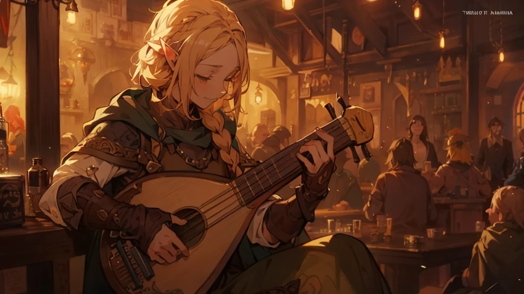 anime, Woman playing guitar in a pub, Sitting, forest elf bard playing lute, a human bard, is playing a lute, male bard, Tiefling Bard, Gweiz style artwork, world of lute, Boris Vallejo. octopath traveler, smirking male bard, Features, lute, Critical Role Caleb
