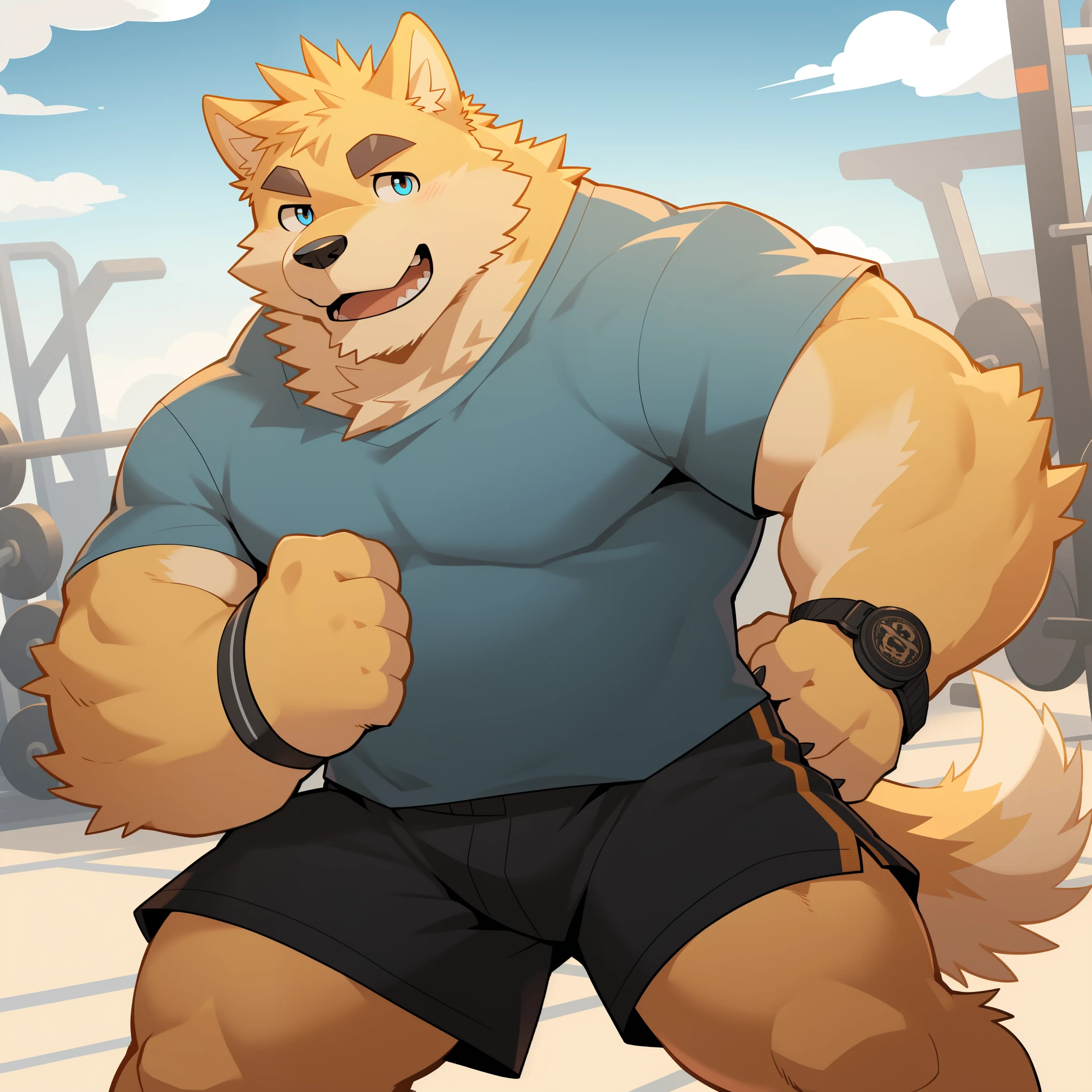 Scribble 金毛巡回dog face,Humanity(dog),(White short sleeve:1.3),Muscular,(Black eyebrows:1.1),(Perfect eyes),Yellow fur，（artist:Takemoto Arashi），Gym background，Wolf Tail，（Black shorts:1.3），paw，（Black watch:1.3）
