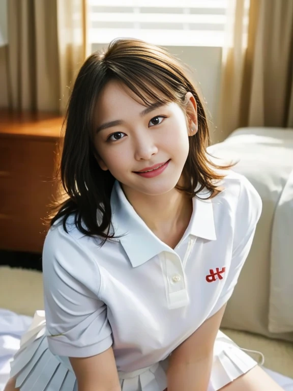 (Masterpiece, Best quality: 1.4), (Ultra realistic, Photo-realistic: 1.2), Full body, (kneeling: 1.3), Looking at viewer, Natural light, 28 years old actress, Japanese women, (arms behind back: 1.2), Neat and clean, ((Wearing white tennis uniform, White polo shirt with collar, Not buttoning the polo shirt, White pleated tennis skirt: 1.2)), (ponytail: 1.2), Light brown hair color, (Beautiful Face), Oval face, clear, (Beautiful eyes, Kind eyes), (Clear skin), Small face, (Small mouth, Beautiful mouth), Natural makeup, Approachable, Hotel Suite room,On bed, Seductive smile, Seductive pose, Beautiful thighs, Bedroom eyes, spread legs,