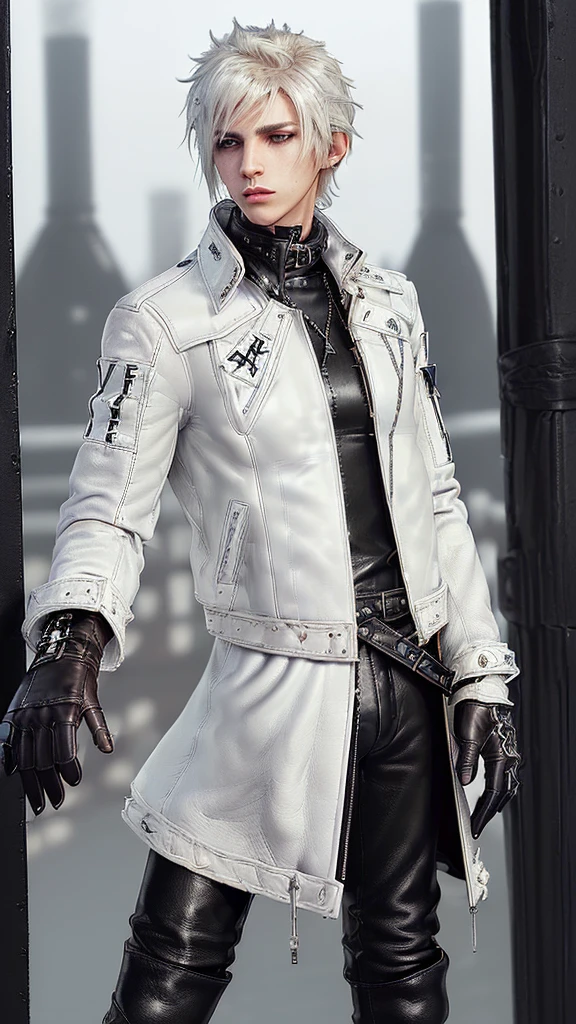 ((Final fantasy taste and reality graphics,)) (((Japanese young cute and cool ikemen boy))), his age is early 20s, thin eyebrows and beady eyes, (((((boy wearing off white color leather thick and heavy material jacket))))), (((((jacket is singlebrest))))), ((biker style jacket)), ((jacket is large size)),(((with epaulet))), ((((jacket is long sleeve)))), ((((zipped up front of the leather jacket)))), , ((voluminous leather jacket)), ,((((jacket collar is high length and stand-up collar)))), ((((jackets collar with two belts)))), ((jacket is a little black color line pattern)), ((also wearing black and thick polyester turtleneck lackluster shirts)), ((((tight black long leather pants)))), (((((put black leather tight and thin glove on both hands))))),(((((leather glove is covered full fingers))))), ((black leather knee-high raceup boots)),(((((views head-to-toe))))),(((((must views whole body))))), ,((Do not show skin from the neck down)),leather jacket leather glove and leather pants have few wrinkles, Avoid showing your innerwear,zip up jacket fastner.must put on a leather glove.
Boy is black hair.boy looks like fashion model.