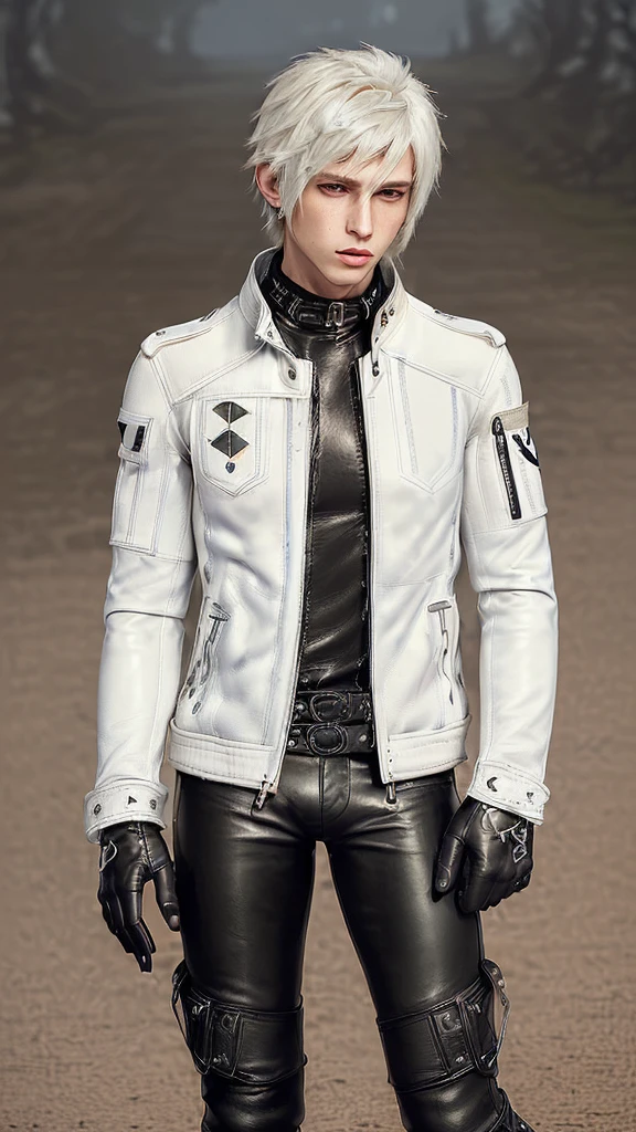 ((Final fantasy taste and reality graphics,)) (((Japanese young cute and cool ikemen boy))), his age is early 20s, thin eyebrows and beady eyes, (((((boy wearing off white color leather thick and heavy material jacket))))), (((((jacket is singlebrest))))), ((biker style jacket)), ((jacket is large size)),(((with epaulet))), ((((jacket is long sleeve)))), ((((zipped up front of the leather jacket)))), , ((voluminous leather jacket)), ,((((jacket collar is high length and stand-up collar)))), ((((jackets collar with two belts)))), ((jacket is a little black color line pattern)), ((also wearing black and thick polyester turtleneck lackluster shirts)), ((((tight black long leather pants)))), (((((put black leather tight and thin glove on both hands))))),(((((leather glove is covered full fingers))))), ((black leather knee-high raceup boots)),(((((views head-to-toe))))),(((((must views whole body))))), ,((Do not show skin from the neck down)),leather jacket leather glove and leather pants have few wrinkles, Avoid showing your innerwear,zip up jacket fastner.must put on a leather glove.
Boy is black hair.boy looks like fashion model.
