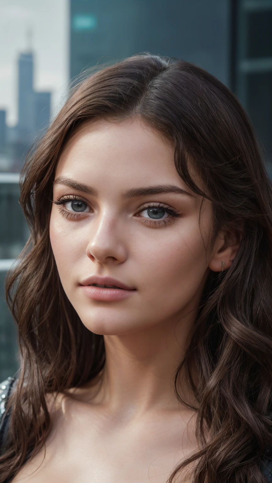 Face portrait photo oF a 21-year-old German woman, .raw, beautiFul woman, half strawberry lips, Fossettes, nostalgic look, green eyes, great student, Large eyelashes, (Brown extra long wavy hair), ((detailed Face)), ((detailed Facial Features)), (Finely detailed skin), red skin, (Deep neckline detailing high-tech cyberpunk dress), Cyberpunk Cyberpunk big city environment, (cold colors), moist, moist, reFlections, (masterpiece) (height ratio / perfect width) (photo realist) (best quality) (detailed) Shot with Canon EOS R5, ObjectiF 50mm, F/2.8, human development report, (8k) (wallpaper) (light) (Dramatic Light) (sharp focus) (complicated)