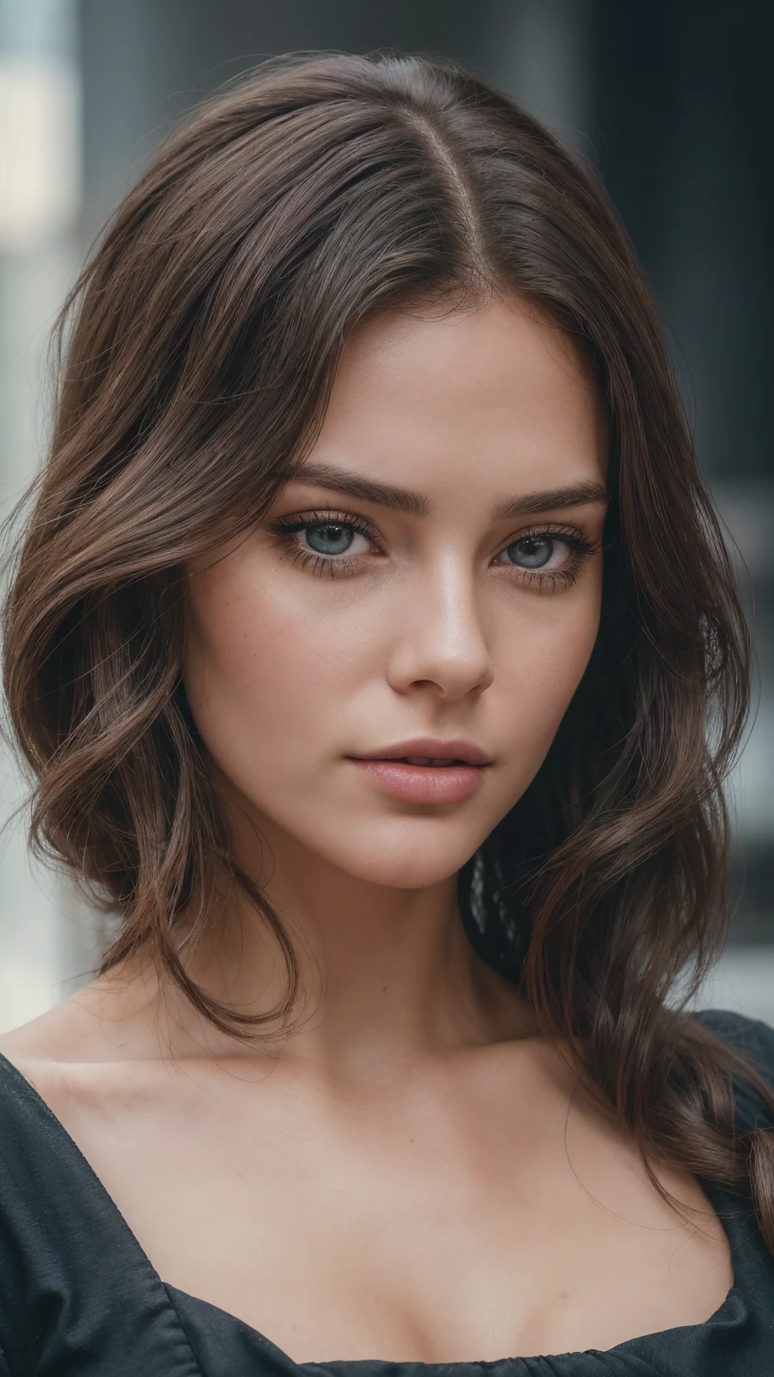 Face portrait photo oF a 21-year-old German woman, .raw, beautiFul woman, half strawberry lips, Fossettes, nostalgic look, green eyes, great student, Large eyelashes, (Brown extra long wavy hair), ((detailed Face)), ((detailed Facial Features)), (Finely detailed skin), red skin, (Deep neckline detailing high-tech cyberpunk dress), Cyberpunk Cyberpunk big city environment, (cold colors), moist, moist, reFlections, (masterpiece) (height ratio / perfect width) (photo realist) (best quality) (detailed) Shot with Canon EOS R5, ObjectiF 50mm, F/2.8, human development report, (8k) (wallpaper) (light) (Dramatic Light) (sharp focus) (complicated)