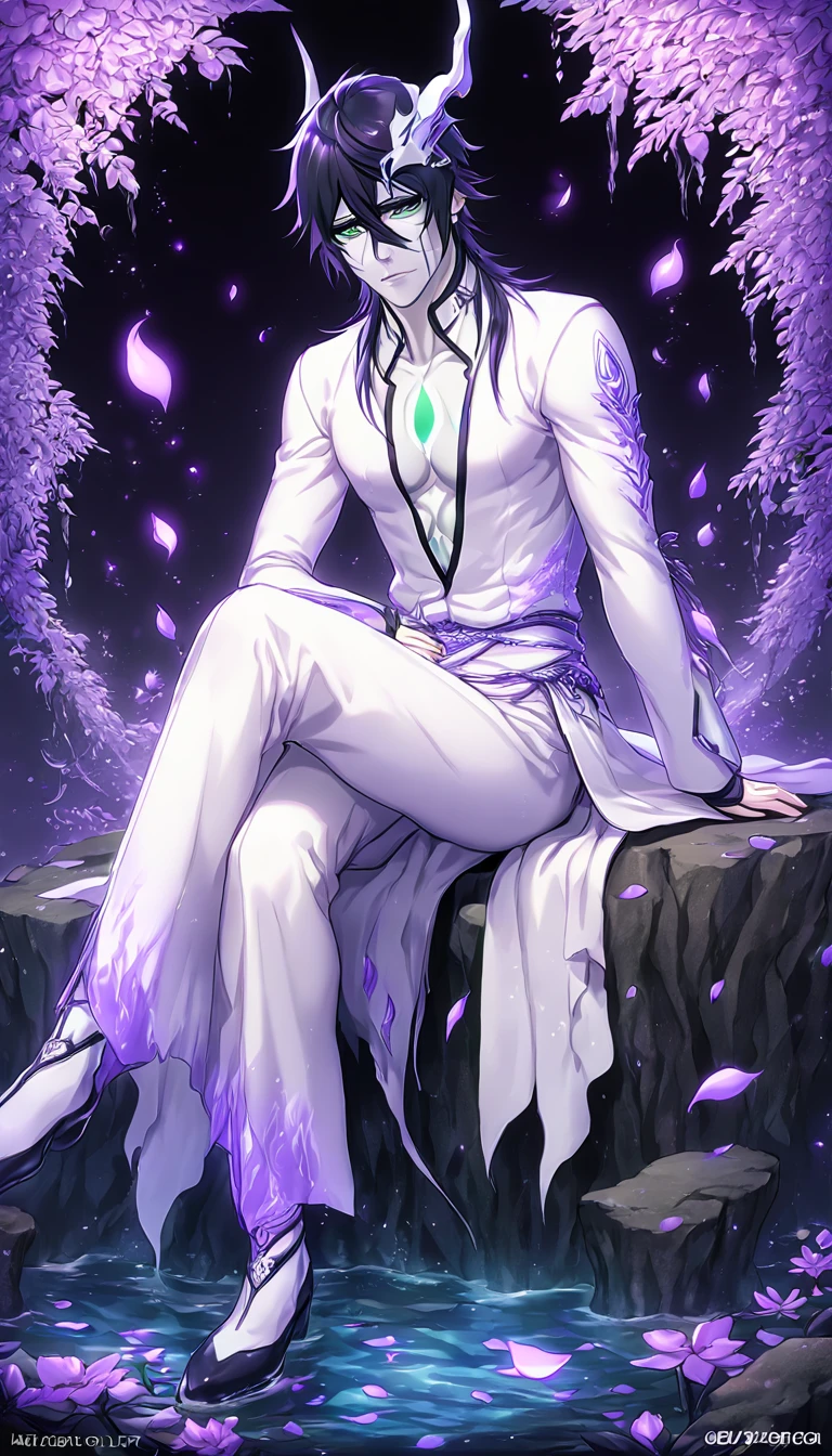 Ultra detailed, HDR, Highres, absurdres, master piece, Ulquiorra Cifer, black hair, expressive green eyes, white clothes, pale skin, bleach, sexy man sitting, handsome, purple flowers, petals, fantasy, magical, purple leaves, handsome, best quality, glittering, manly man, sensual, horny, water, purple shining fireflies,