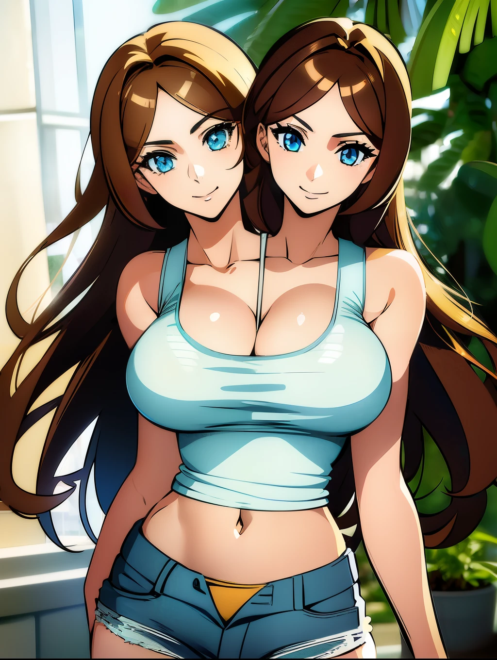 (highest quality, amazing details: 1.25), large breasts, detailed eyes, detailed face, (2heads:1.5), 1girl, anime girl with two heads, tan brown hair color, light blue eyes, seductive, sexy woman, beautiful, ((white tank top)), smiling, exposed midriff, denim jeans