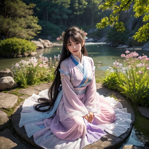 best quality, Delicate face,beautiful visual work, lifelike, eternity, black hair, Long curly hair, blunt bangs, Smile, Detailed Background, Delicate face,blush,cold,((masterpiece))、(top quality)、8k、high detail、Super detailed,21 years old female,Wearing Tang Dynasty Hanfu、waist skirt, Clothes are light and fluffy,Hanfu, wide sleeves, Transparent sleeves, Tunic, Clothes made of chiffon, Seductive and whimsical style、masterpiece、born、Scenes resembling fairy tale illustrations、Intricate details and complex designs、Beautifully、magic、capricious、 Beautifully、Dream aesthetics、「𝓡𝓸𝓶𝓪𝓷𝓽𝓲𝓬、ethereal、charming、fickle、magic」、Realism、Visual effects、FXAA、SSAO、Shaders、voiceless、ambient lighting、Tone mapping、High resolution、Ultra high quality、Million pixels、(8K resolution:1.10)、8k、Below 8K、8K resolution、high detail、intricate details, (high quality:1.2、masterpiece:1.2、:1.21)、(21 years old female:1.21)、(Smile excitedly)、(Surrounded by a dream-like atmosphere、Model diagram,full-body shot,Normal 2 feet,Put your hands behind you,The protrusion of the breast is visible when wearing clothes, Large Breasts, H cup chest, antiquity, Xian Xia, gauze clothes, Soft and fluttering, Fairy, dream, fantasy, light, elegant, nature, Immortal, romantic, classical, ribbon, light purple clothes, By the stream
