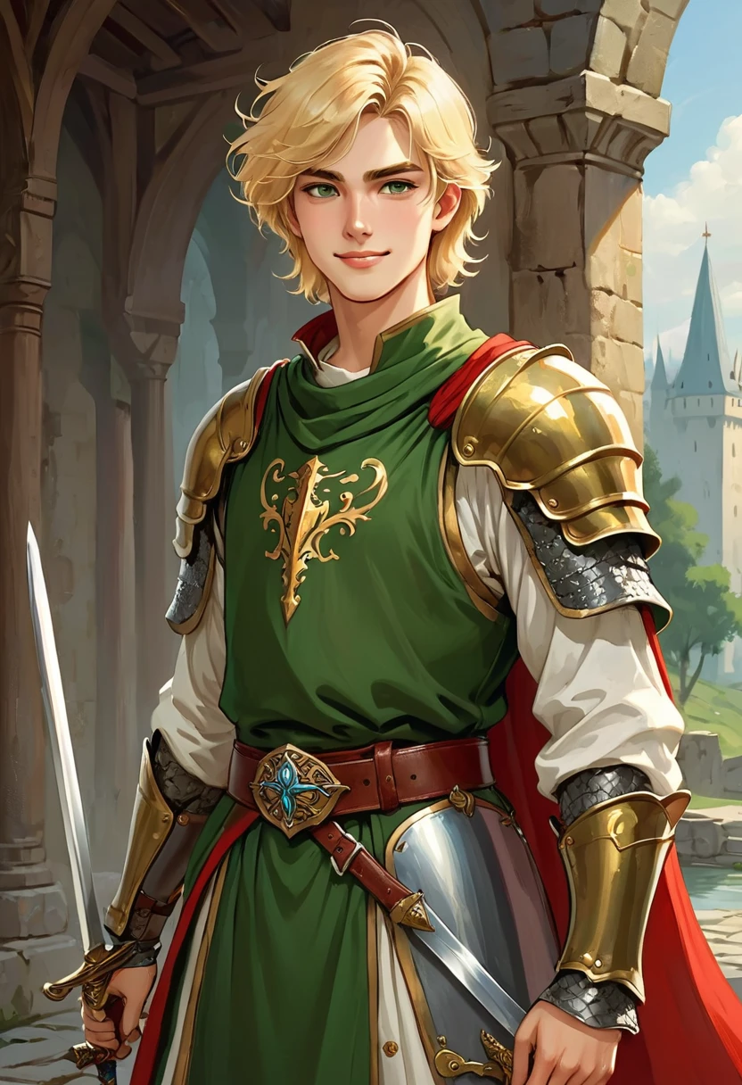 18 year old boy Blonde Hair, lazy and somewhat messy, reflecting his charismatic nature. Eyes of a green color. Pleasantly attractive face with youthful features, but somewhat mature and charismatic. The expression should show a charming smile that contrasts with a slight coldness in the eyes. outfit: tunica: Complete and all absolutely red, medieval style. It should be eye-catching and elegant., adapted to a medieval period but with a distinctive touch that accentuates its character. PALADIN type armor, He wears partial armor that covers his chest and shoulders.. Armor should be functional but decorative, complementing his tunic. sword: long and golden, that he carries in his hand or on a belt. The sword should be striking and reflect your status and power. He has an expression that shows a friendly and charismatic smile that contrasts with a cold and calculating look.. Posture of confidence and superiority in your posture, highlighting his selfishness and arrogance. May stand in a dominant pose or with a defiant attitude.