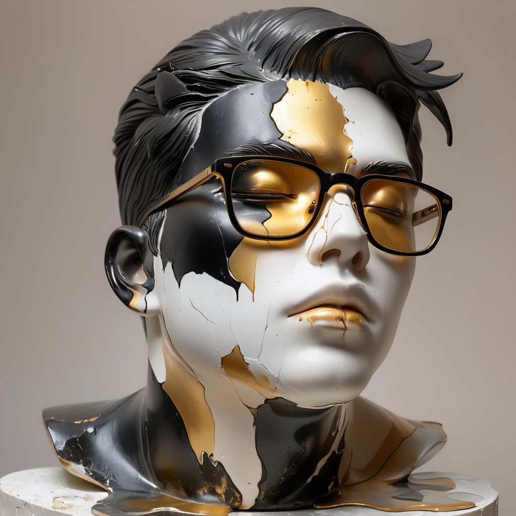 ((display,Still life table,Artistic statues,3D Sculpture,ceramics,Surface cracks,Shattered Texture)), Showing the beauty of nature.gold,black powder, To emphasize its artistic quality, Asian men, with stubble, short beard, short mustache, Beard scum, slightly curly hair, and black square plastic-framed glasses