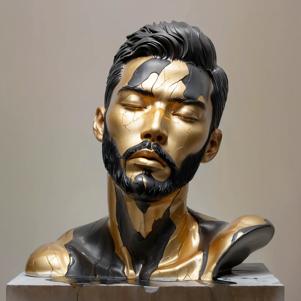 ((display，Still life table，Artistic statues，3D Sculpture，ceramics，Surface cracks，Shattered Texture)), Showing the beauty of nature.gold，black powder， To emphasize its artistic quality, Asian men, with stubble, short beard, short mustache, Beard scum, slightly curly hair, and black square plastic-framed glasses