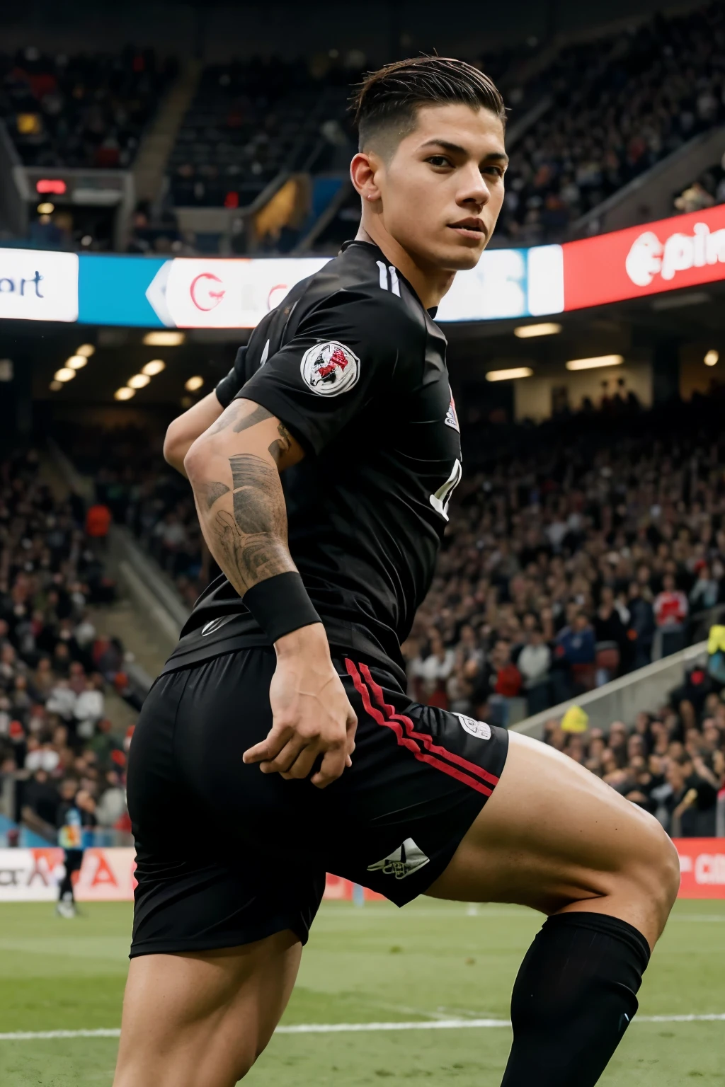 James Rodríguez skating the ball towards the goal with his back to the fans on the sides 2D drawing style