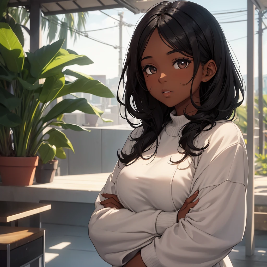 Girl with dark skin, straight black hair, chubby with a mole under her cheek, small bust