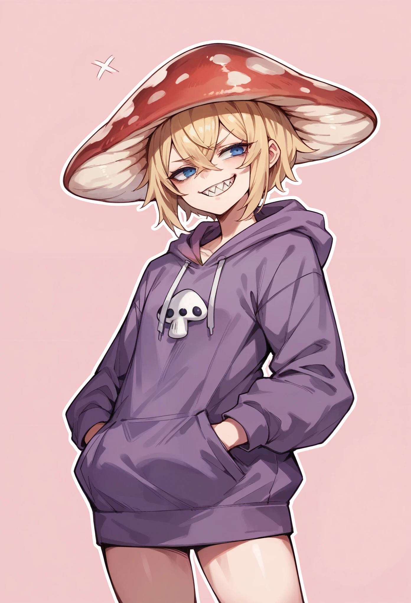1 girl, solo, pink background, blonde hair, crossed bangs, blue eyes, tired, anime artstyle, white outline, large red mushroom on head, mushroom girl, purple hoodie, cowboy shot, hands in pocket,sharp teeth,smirk, slight grin