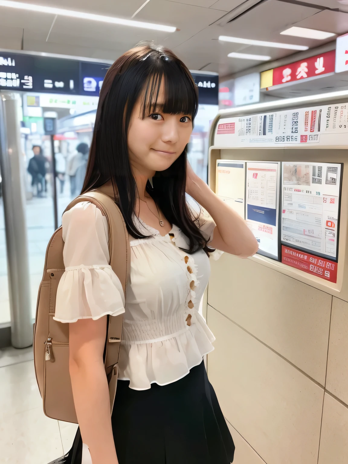 Highest quality,Super detailed,A woman looking at the ticket gate at Shibuya Station,Turn slightly to the side and look at me,White ruffled blouse,Red mini skirt,Posing for a photo,She is carrying a cute beige backpack.