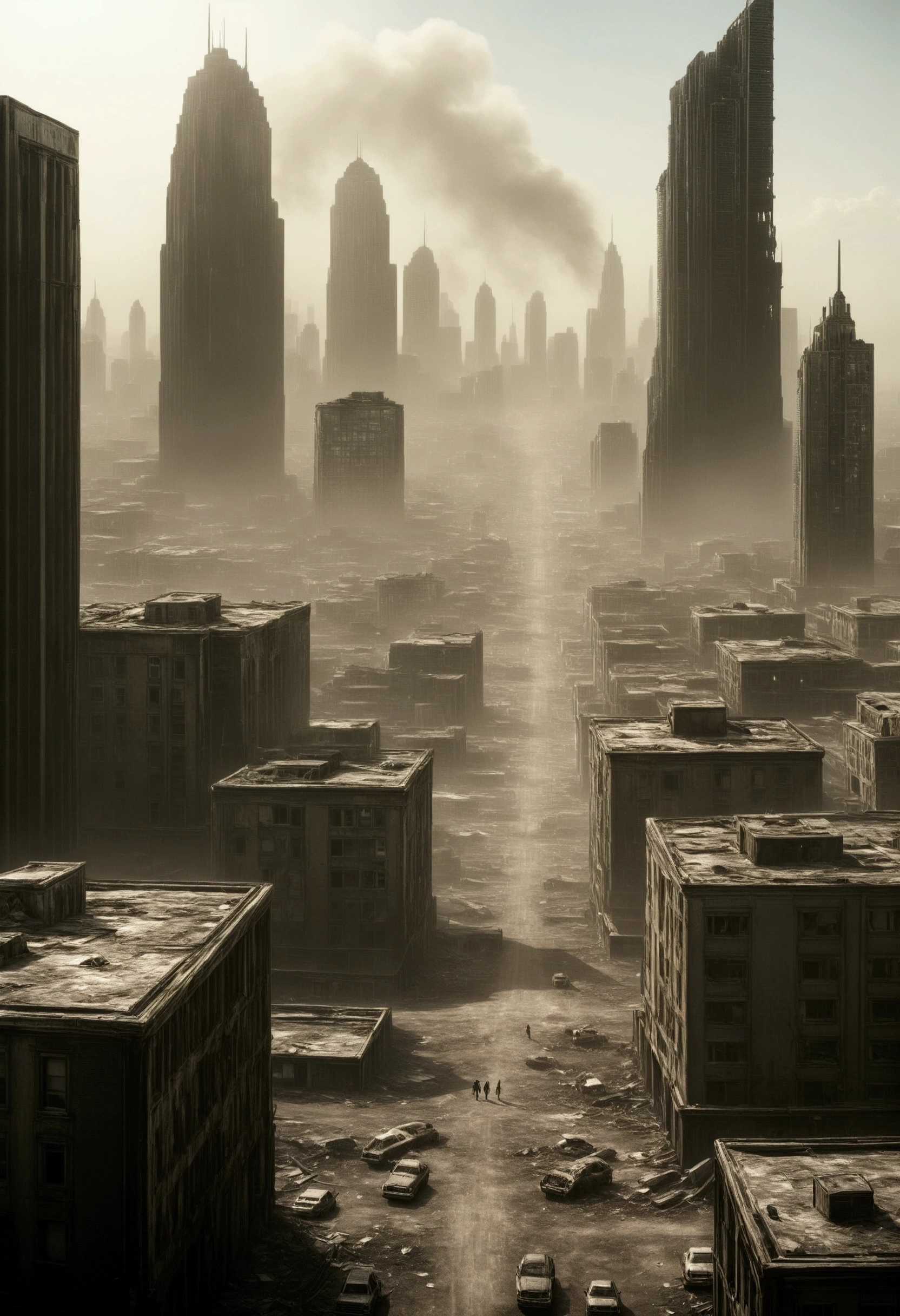 aerial image of a post-apocalyptic North American megalopolis, view of the whole city with many buildings and houses, the city has shades of gray, has smoky structures, environment with smoke and fog around, abandoned cars on the streets, desert megalopolis, tall buildings and collapsing to the ground, many destroyed buildings around, THERE IS A GIRL DRESSED IN A HOOD WALKING DOWN THE STREET, She's WALKING , as realistic as possible, as detailed as possible