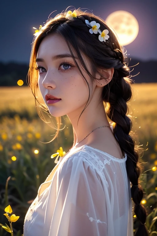 1girl, flower, solo, freckles, blue_eyes, looking_at_viewer, moon, long_hair, night, braid, hair_flower, light_particles, shirt, head_wreath, brown_hair, full_moon, blue_flower, purple_flower, lips, twin_braids, upper_body, hair_ornament, white_shirt, eyelashes, moonlight, makeup, red_lips, glowing, yellow_flower, night_sky, backlighting, sky, closed_mouth, field, outdoors, sparkle, expressionless, grass, flower_field, star_(sky), collarbone, buttons, lipstick, leaf, fireflies, nose