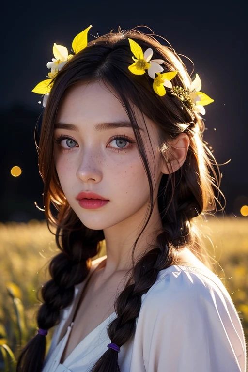 1girl, flower, solo, freckles, blue_eyes, looking_at_viewer, moon, long_hair, night, braid, hair_flower, light_particles, shirt, head_wreath, brown_hair, full_moon, blue_flower, purple_flower, lips, twin_braids, upper_body, hair_ornament, white_shirt, eyelashes, moonlight, makeup, red_lips, glowing, yellow_flower, night_sky, backlighting, sky, closed_mouth, field, outdoors, sparkle, expressionless, grass, flower_field, star_(sky), collarbone, buttons, lipstick, leaf, fireflies, nose