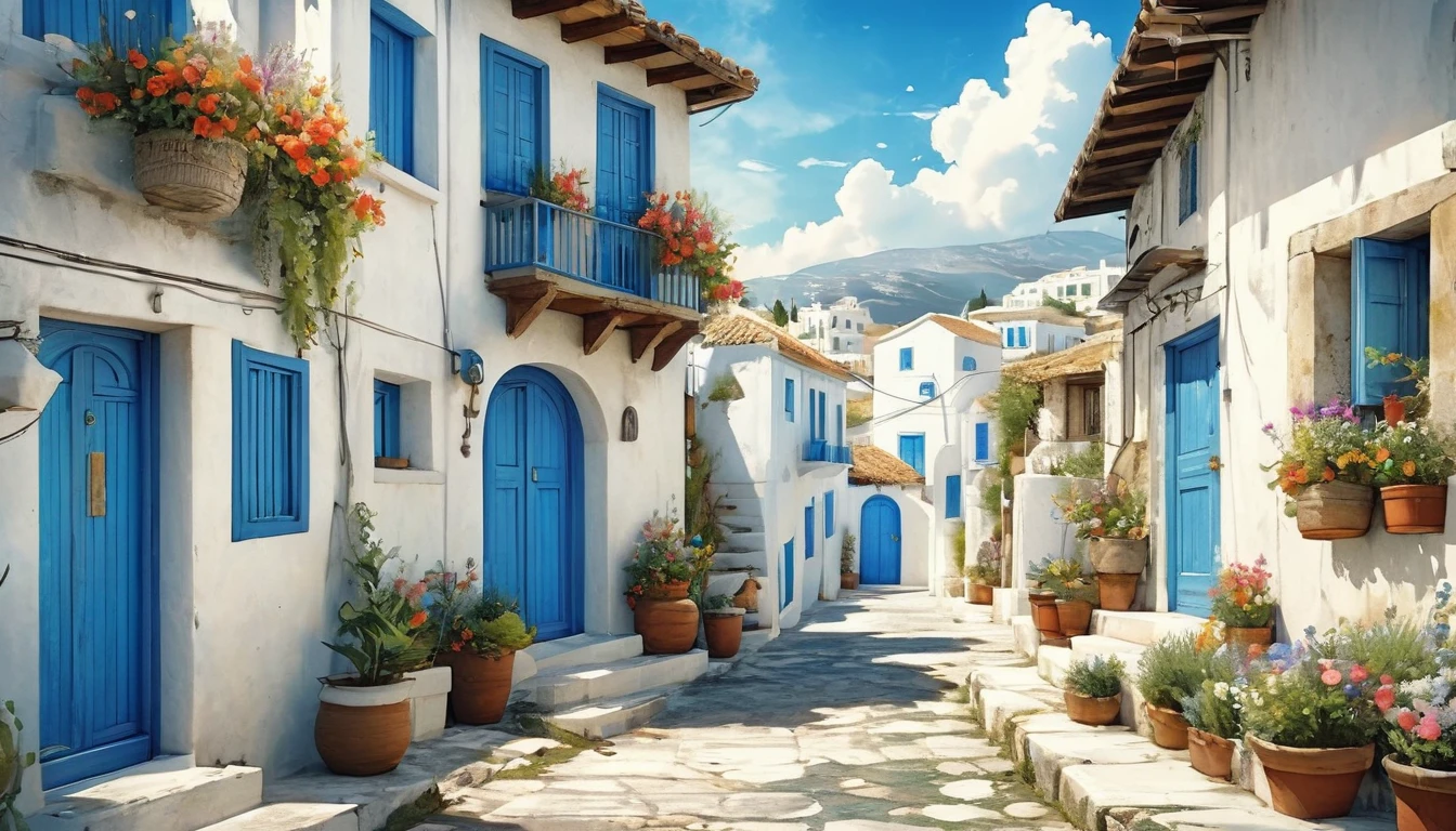 Historical masterpieces,(((White building and road、Blue door and window frame)))Narrow street with blue door and pots. Buildings and roads close up on white, Streets of Tealstone, Mediterranean Village, GreeceのWhite building and roadと青いドアや窓,, Beautiful images, 8k)), Greece風, 🚿🗝📝, Vibrant colors with attention to detail, Ancient , Beautifully drawn, Greece, Colorful scene,beautiful retro art, by Bencho Obreshkov, Colourful and detailed, 8k)), Watercolor style, super Realistic painting style, Detailed 4K painting, Realistic painting style, Awesome Wallpapers,There is no one, Flowers from the window、Lots of flowers
