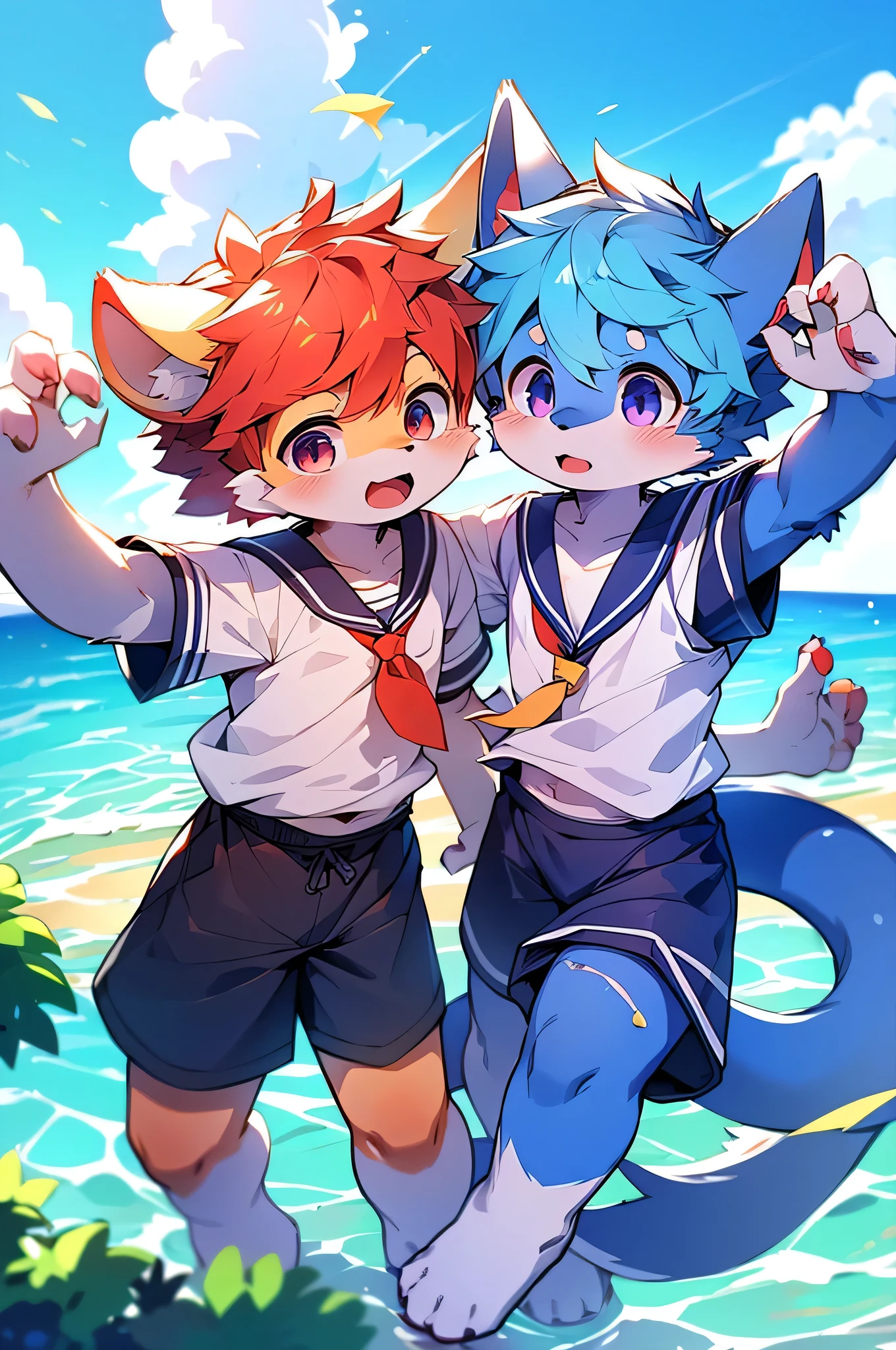 furのような,super high quality,Very detailed,High resolution,Purple Dog,male,Ocean,Sailor suit,School,(Energetic Teenager 1、:1.3),(Pixiv Contest Winners),(Perfect Anatomy),blue sky,Red ear,fur,thin tail,Long ears,