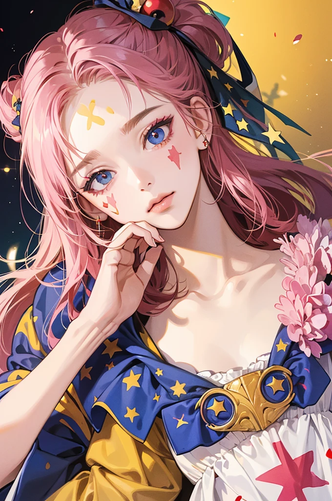 ((masterpiece))、(((Highest quality)))、((Super detailed))、((An illustration))、Attention to detail、Highly detailed CG unity 8k、High resolution、美しいAttention to detail目、Attention to detail、美しいAttention to detail目,She is yellow、Purple stripes on the body, Painting his face white, Pink cross-eyed and orange mouth. She has two pink stars painted on her cheeks, Wearing a blue and red jester&#39;s hat with bells,(Hair Ribbon:0.4), (((Pink Eyes))),(((White bun hair))),(((Pink long hair))),, (Red clown nose and green clown shoes), Shine; Glitter