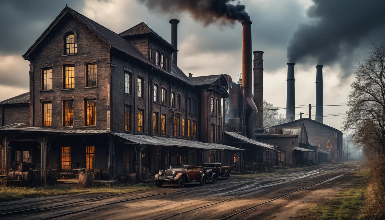 The farmhouse reimagined as an industrial revolution-era factory with smokestacks, machinery, and a bustling atmosphere. Style of H R Giger. Hyper realistic photo, vibrant colors, 16k