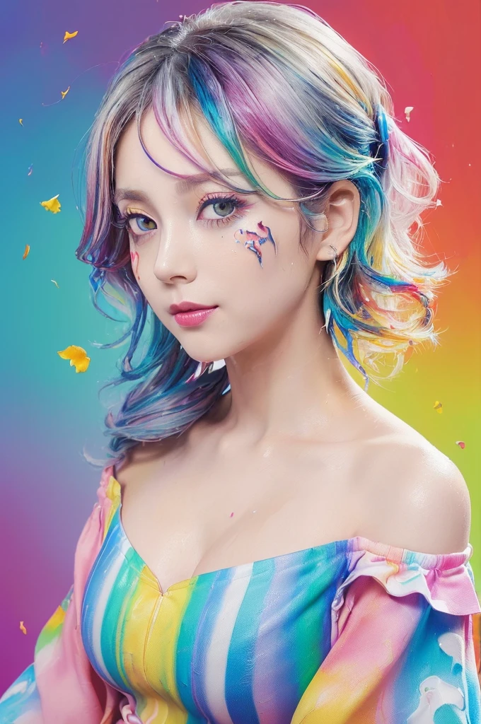 (Pink Fashion T-Shirt:1.9),(colorfulな髪: 1.8), (All the colors of the rainbow: 1.8),(((((vertical painting:1.6))), (painting:1.6),front, comics, shapes, paintings, Big eyes, Clear Eyes,( Rainbow gradient high ponytail:1.7), Exquisite makeup, Mouth closed,(Small fresh: 1.5),(Wipe the chest: 1.6) ,Long eyelashes, off shoulder white t-shirt, White shoulder shirt,Looking at the audience, Big teary eyes, (Rainbow Hair:1.6), カラーsplash, (alone:1.8), カラーsplash, An explosion of colors, thick paint style, Messy Lines, ((The Shining)),(colorful), (colorful), (colorful), colorful, Thick paint Style, (splash) (Color splash), Vertical painting, Upper Body, paint splash, Acrylic Pigments, slope, paint, Best image quality, Highest quality, masterpiece, alone, Written boundary depth, Face paint, colorful clothes, (elegant: 1.2), Nice,Long Hair, Wind, (elegant: 1.3), (petal: 1.4),(((masterpiece))),(((Highest quality))),((Very detailed)),(shape),(Dynamic Angle),((floating)),(paint),((Disheveled Hair)),(alone),(One Girl) , (((Detailed anima face))),((Beautifully detailed face)),collar,Expose your shoulders,Gray Hair, ((colorful hair)),((Striped Hair)),Beautiful attention to detail,(slope color eyes),(((colorful eyes))),(((colorful background))),(((High chroma))),(((surrounded by colorful splashes))), Large Breasts, smile,