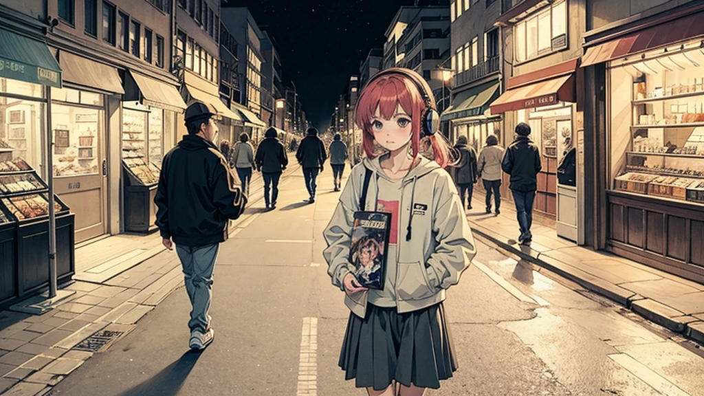 1 girl, 90s anime style, I have headphones on, Walking in the city at night, Chill, Emotional, Lo-Fi