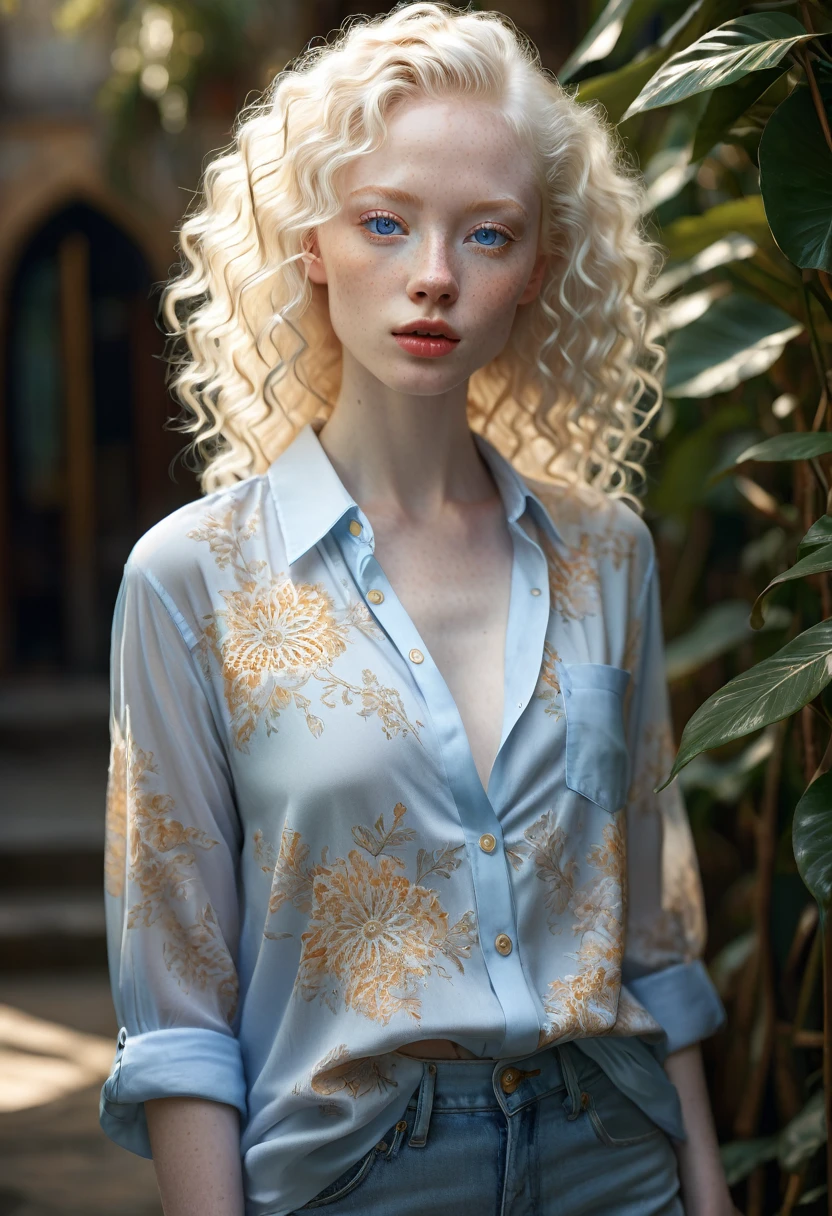 Full body view of 1 beautiful woman, extremely albino, with freckles, Extremely slender, with sensual face, highly delicate face, The beauty of women is undeniable, reveals the intricate details of its highly detailed large bright light blue eyes, your deeply detailed radiant skin, wearing a big sexy shirt, Captured with a lens that emphasizes the challenge of your gaze, environment that highlights the soft colors of the scene. The lighting and shadows are expertly crafted to bring out the richness of her albino skin tone., Your curly hair highly details strand by strand, adds a touch of warmth and contrast against your skin. using the best shadow lighting techniques, mesmerizing that transcends the visual, image in stunning 8k resolution and raw format to preserve the highest quality of details.
ultra-realistic image, perfect symmetry, vibrant and clear, dynamic view, high level of detail and definition, 1200 PPI - Photographic resolution with greater color realism, hyperrealisti, high fidelity, cinematic, 8K UHD image resolution.
