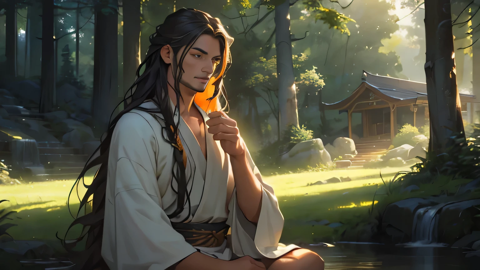 a long-haired man meditating, meditative pose, serene expression, warm lighting, detailed facial features, flowing hair, natural outdoor setting, lush greenery, cinematic composition, atmospheric lighting, realistic rendering, masterful painting, vibrant colors, photorealistic, 8k, best quality