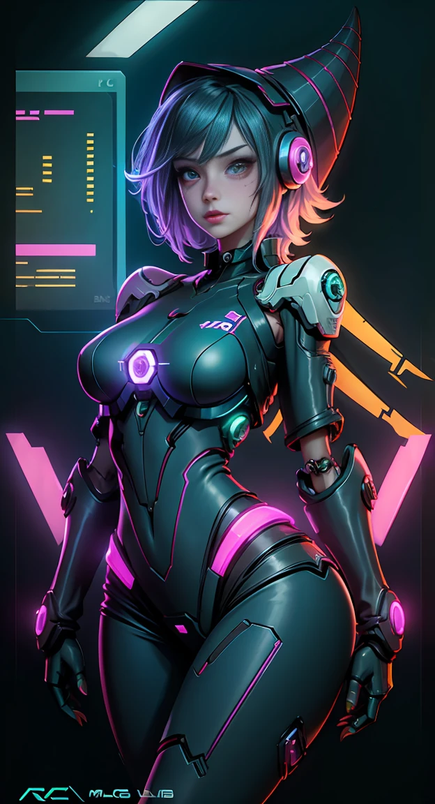 dark wizard girls. leech mechanical body，bit girl，cartoonish，Q Version，robotic arm，ray tracing，CG，Neon light