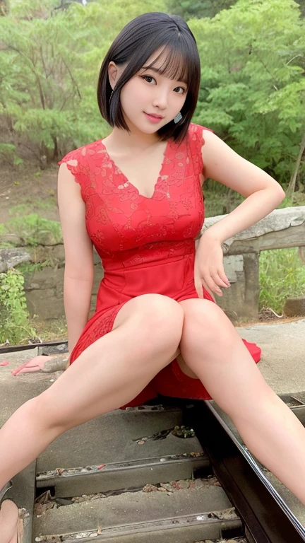 Asian woman in her fifties wearing a red dress sitting on the train tracks, Young Sensual Gravure Idol, Young and cute gravure idol, Young and skinny gravure idol, Young Gravure Idol, Ayaka, Young Japanese girl, Asian Girl, Japanese Model, realistic Young Gravure Idol, rumiko, Sana Takeda, young Asian Girl, A sophisticated gravure idol