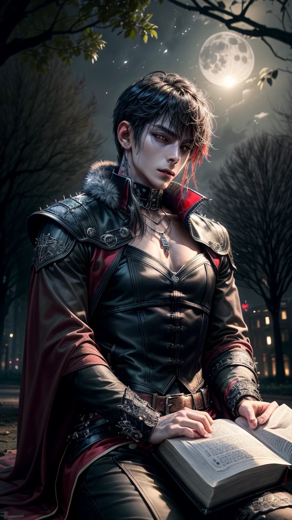 City of night、The blue moon visible between the buildings、((Leaning against a tree in the park1Men))、Black and red mesh hair、Short Hair、Spiky Hair、Red eyes、Earrings、Cross Necklace、bracelet、Black leather glove on right hand、Punk Fashion、Black Shirt、Black Leather Pants、((Red coat with leopard fur))、A man with an eerie smile in the moonlight、Urban Vampire、Black manukia、Tattoo on the neck、Shadow engraved on the ground、Black wings are projected、Depicting from thighs to head、(Beautiful Face、Beautiful and mysterious)、Enjoying a full moon night in the city、((holding a spell book in hand)、
、masterpiece, best quality, detailed, exquisite, beautiful, 16K, absurdres、skyscraper, park, outside, in the park, in the forest, beautiful, fantasy, dark fantasy, flowerpunk, photorealistic, half body photo, closeup shot, on right, front view, dutch angle shot, dynamic angle, intense wide shot, moonlight,
