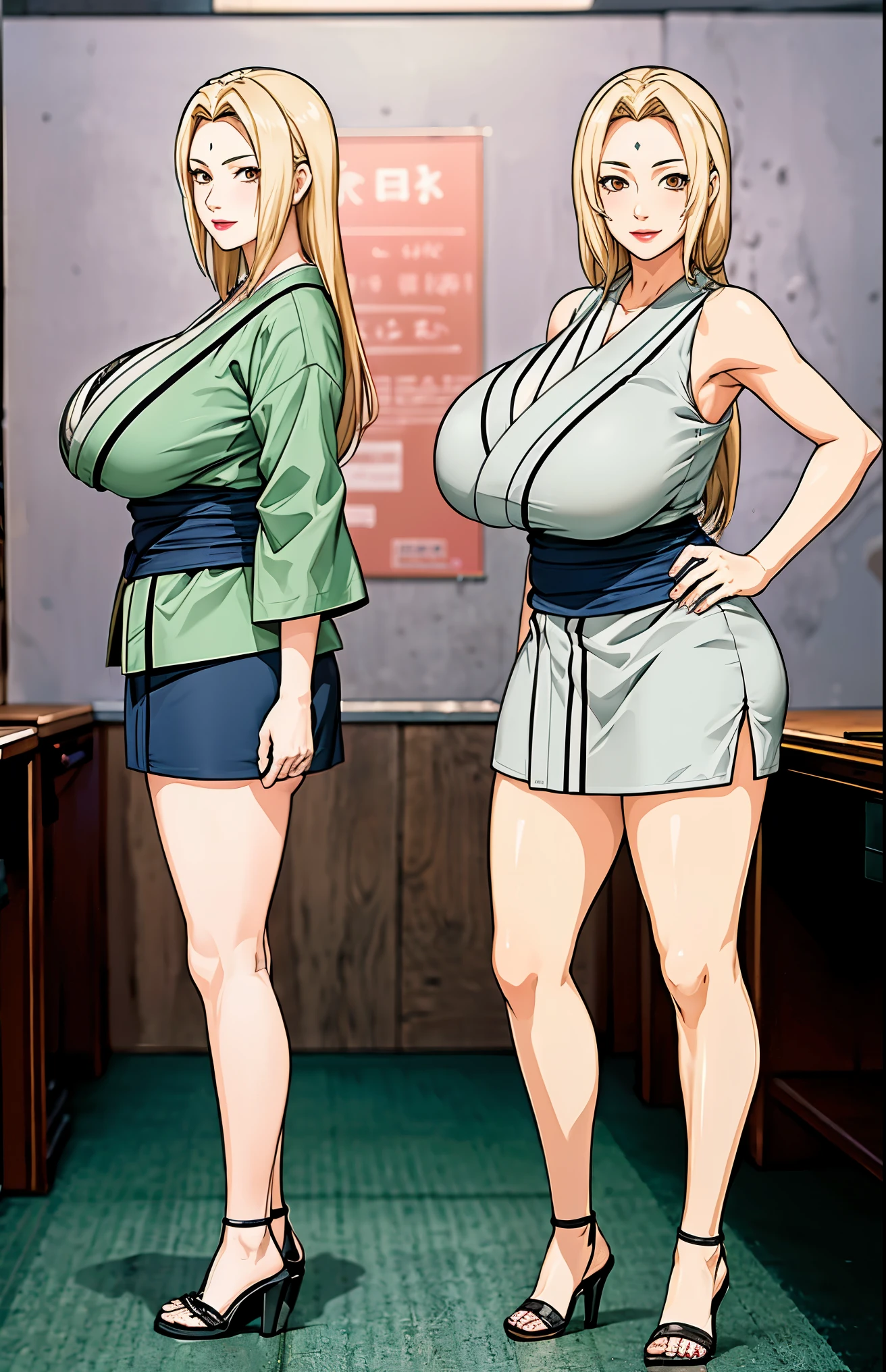 (huge tits), (((fullbody))), standing pose, high heels, short skirt, kimono, good anatomy, masterpiece, best quality, 4k, 8k, professional photography, soft light, sharp focus, 1 girl, blonde hair, at classroom, blonde hair, parted banks, detailed face+brown eyes, open lips, lipstick,  whiteboard, smile