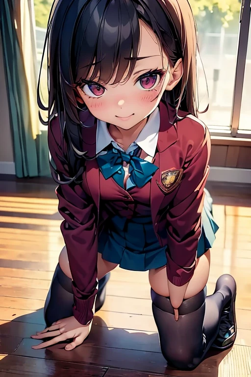 masterpiece, anime, Cute,girl in stockings and a short school skirt, red school jacket, full length,The girl is on all fours