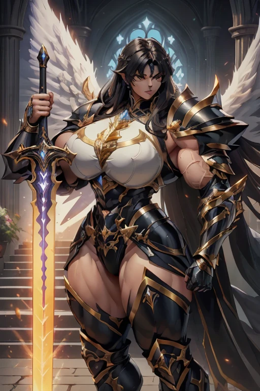 (((Massive beautiful, buff, light brown skinned muscular female saint knight with black hair, black lipstick, ginormous bulky muscles, carrying a giant sword and wearing a black Saint Seiya Gemini Armor))), ((close-up view)), large , massive muscles, massive biceps, hyper muscle shoulders, hyper muscle triceps, (long straight hair), orange eyes, (Paladin boots), (angel metal armor), breast (angel gauntlets), (holy Shoulder armor), closed smile, (in a heavenly castle), Vascular arms, hyper muscles arms, hyper muscle legs, massive buff arms.