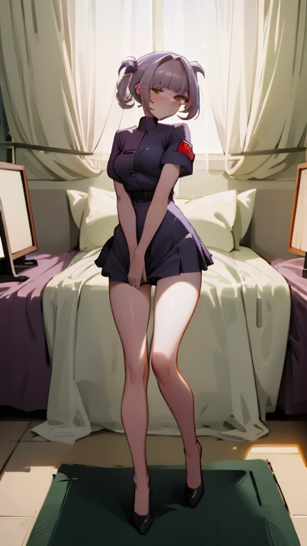 masterpiece,high quality, Beauty,A girl in a tight nurse costume stands in her room, big hips, , Long legs, Short skirt