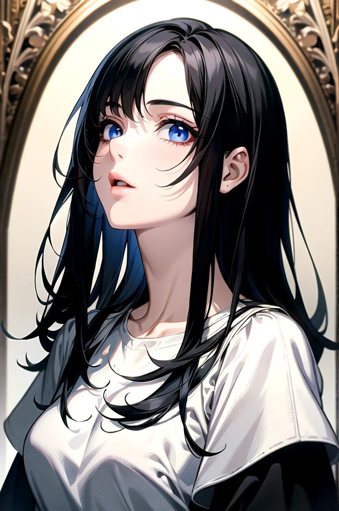 best quality, masterpiece,Black hair, blue eyes, looking up, upper body