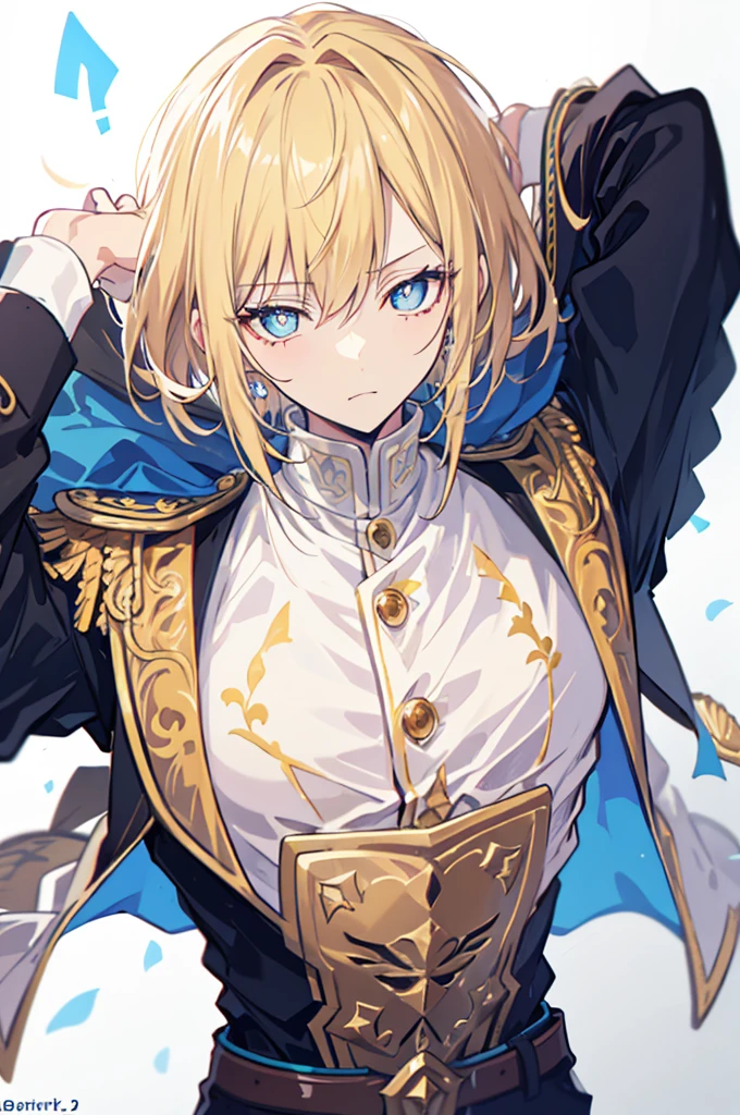 초상화, Face_through_torso, arcanepunk, 1male character, Solo, royalty(prince), light blonde hair(short hair, messy, layered, tousled), benevolent_face(sky_blue_eyes(spade shaped_pupils), sharp eyes, half closed_eyes), prince outfit, white, royal, elegant, ornate, gold trim, intricate details, high collar, epaulettes, tailored fit, regal, formal, sophisticated