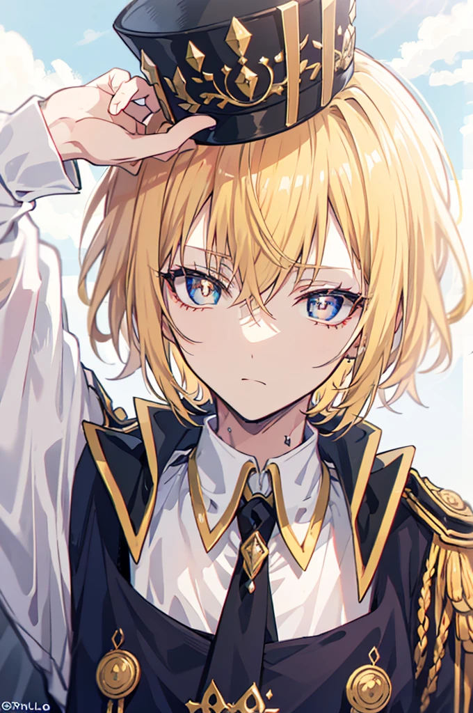 초상화, Face_through_torso, arcanepunk, 1male character, Solo, royalty(prince), light blonde hair(short hair, messy, layered, tousled), benevolent_face(sky_blue_eyes(spade shaped_pupils), sharp eyes, half closed_eyes), prince outfit, white, royal, elegant, ornate, gold trim, intricate details, high collar, epaulettes, tailored fit, regal, formal, sophisticated