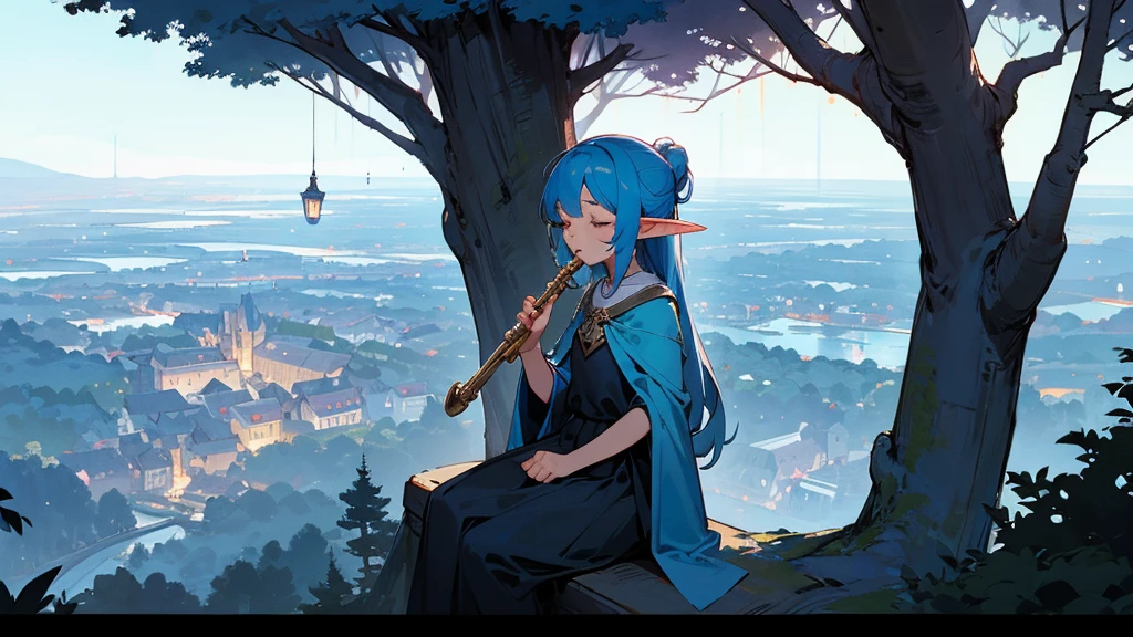 (((From diagonally left behind))), solo, Anime Elf girl playing flute while sitting gracefully on a tree branch ,magical atmosphere, panoramic fantasy night landscape, town in the forest can be seen, with charming houses, winding streets illuminated by moonlight, closed eyes, she wear long witch outfit