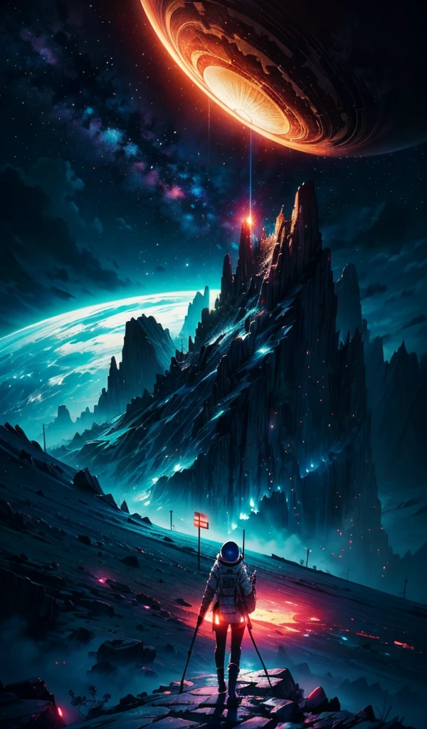 a highly detailed full body mid shot centered portrait of a girl wearing an astronaut suit, award-winning masterpiece, rendered in an anime style with an oil painting effect, vibrant illustration capturing horror in a cosmic atmosphere, panoramic desert location, 8k, ultra-detailed, extremely realistic, cinematic lighting, dramatic shadows, volumetric fog, glowing stars, alien landscape, dramatic composition, photorealistic, dramatic, epic, cinematic