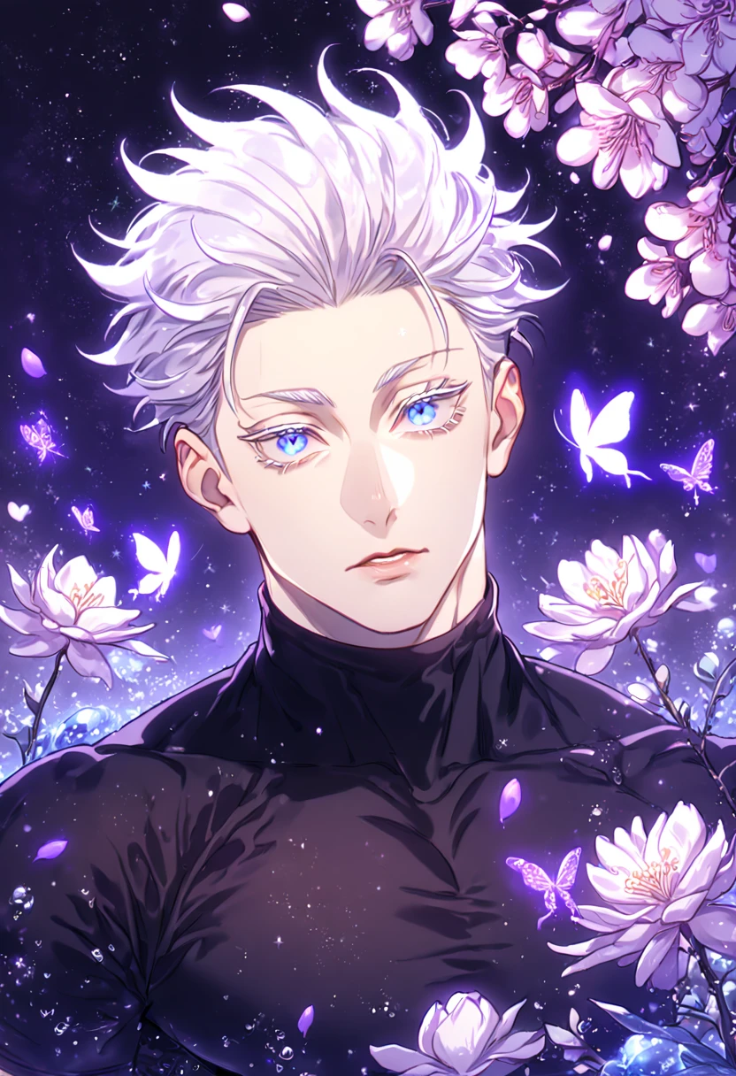 absurdres, highres, ultra detailed, HDR, master piece, best quality, Gojou Satoru, white hair, hair slicked back, ruffled hair, expressive blue eyes, white eyelashes, Jujutsu Kaisen, solo, sexy man, handsome, sensual, horny, black tight T-shirt, fantasy, magical, shining, purple flowers, blossoms, water, purple petals, purple butterflies, sparkling, purple moon, starry sky, manly man