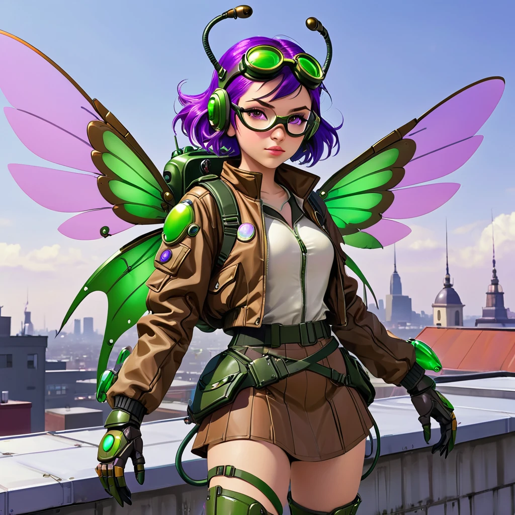A teen girl poses for the camera. She wears a (brown flight jacket) , brown skirt and Green goggles. Large mechanical beetle wings are strapped to her back enabling her to fly. Glowing hoses connect to high tech gauntlets, with spray nozzles. She has spiky purple hair with the side of her head shaved. She has a youthful face and figure. She stands on top of a rooftop ready to take flight. She looks at the camera with an annoyed expression.
