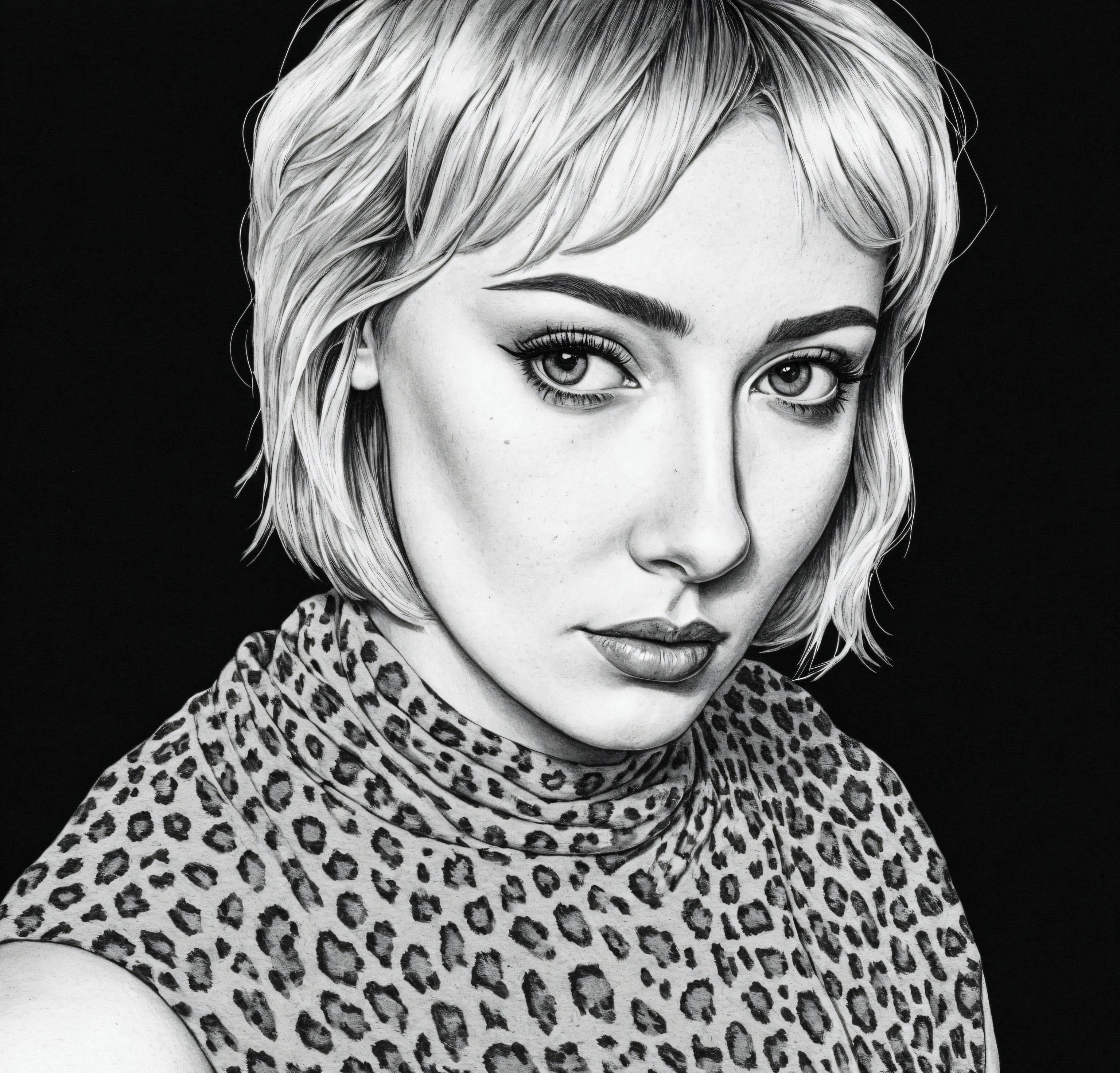 blond woman with short hair and leopard print top posing for a picture, inspired by Cindy Sherman, black and white picture, ink and screentone, drawn in a noir style, drawn with photoshop, 🤤 girl portrait, mostly greyscale, grainy black-and-white photo, black and white portrait, inspired by Apollonia Saintclair, portrait black and white