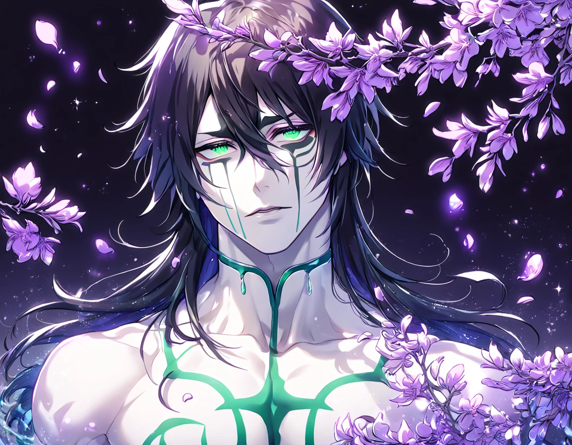 Ultra detailed, HDR, Highres, absurdres, master piece, Ulquiorra Cifer, black hair, expressive green eyes, white clothes, pale skin, bleach, sexy man, handsome, purple flowers, petals, fantasy, magical, purple leaves, handsome, best quality, glittering, manly man, sensual, horny, water, purple shining fireflies,
