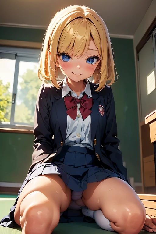 masterpiece, anime, Cute,girl in stockings and a short school skirt, red school jacket, full length,The girl is on all fours