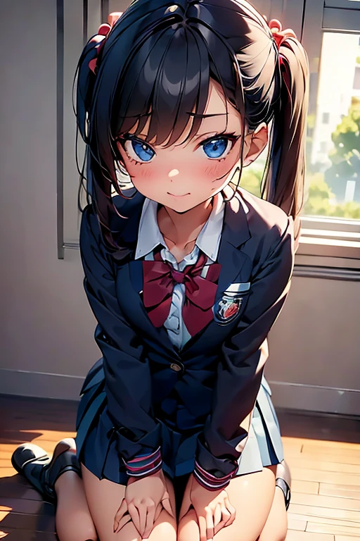 masterpiece, anime, Cute,girl in stockings and a short school skirt, red school jacket, full length,The girl is on all fours
